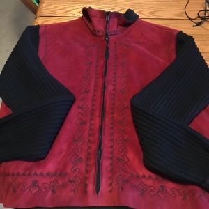 Coldwater Creek Red & Black Zip Up Sweater Jacket